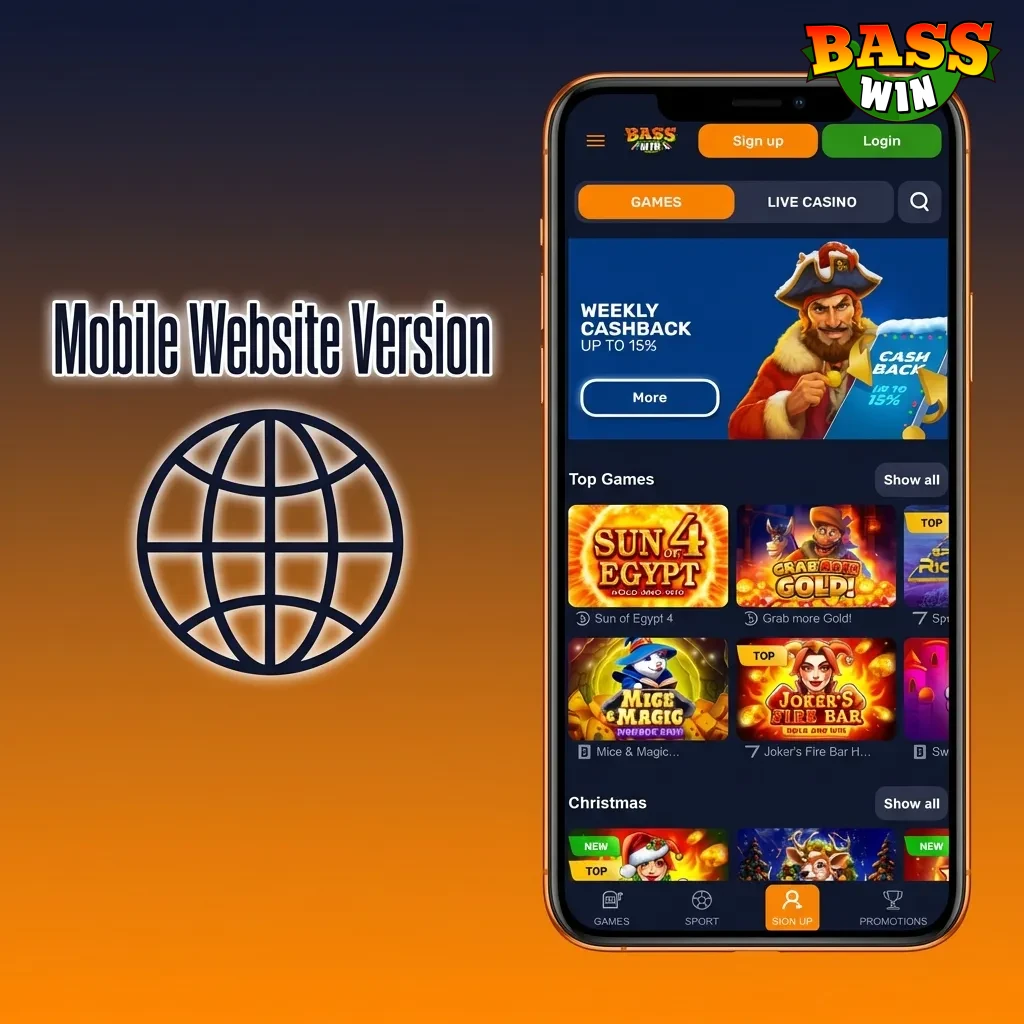 Mobile-responsive Bass Win website interface displaying cross-device compatibility and browser-based access features.