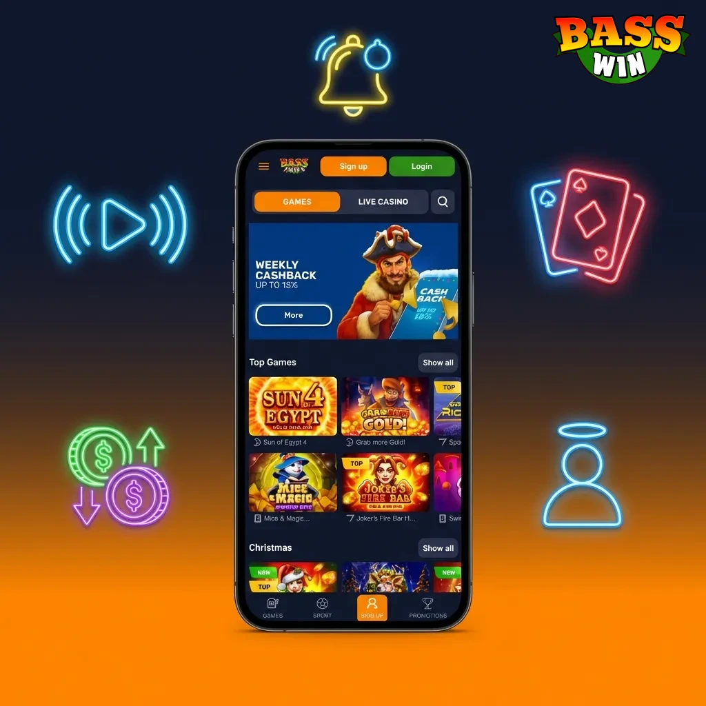 Bass Win app notification settings showing push alerts for bet results, bonuses, and promotional offers on mobile