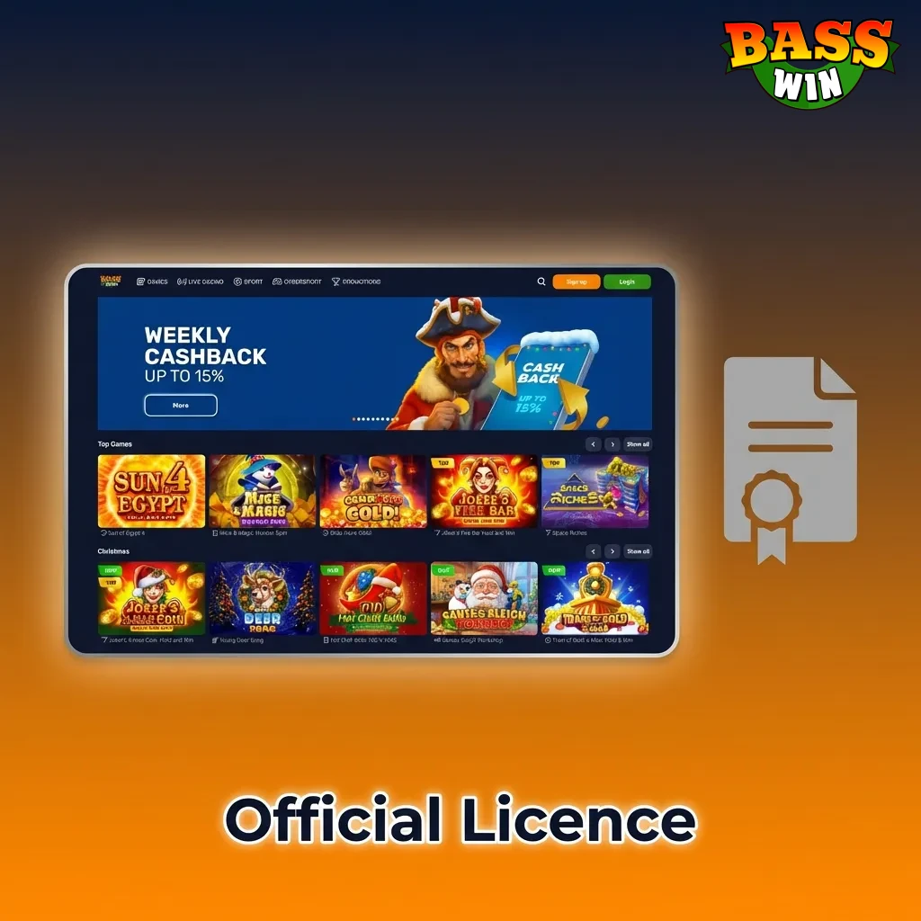 Bass Win casino operating under Curacao eGaming licence with RNG audits and player fund protection displayed