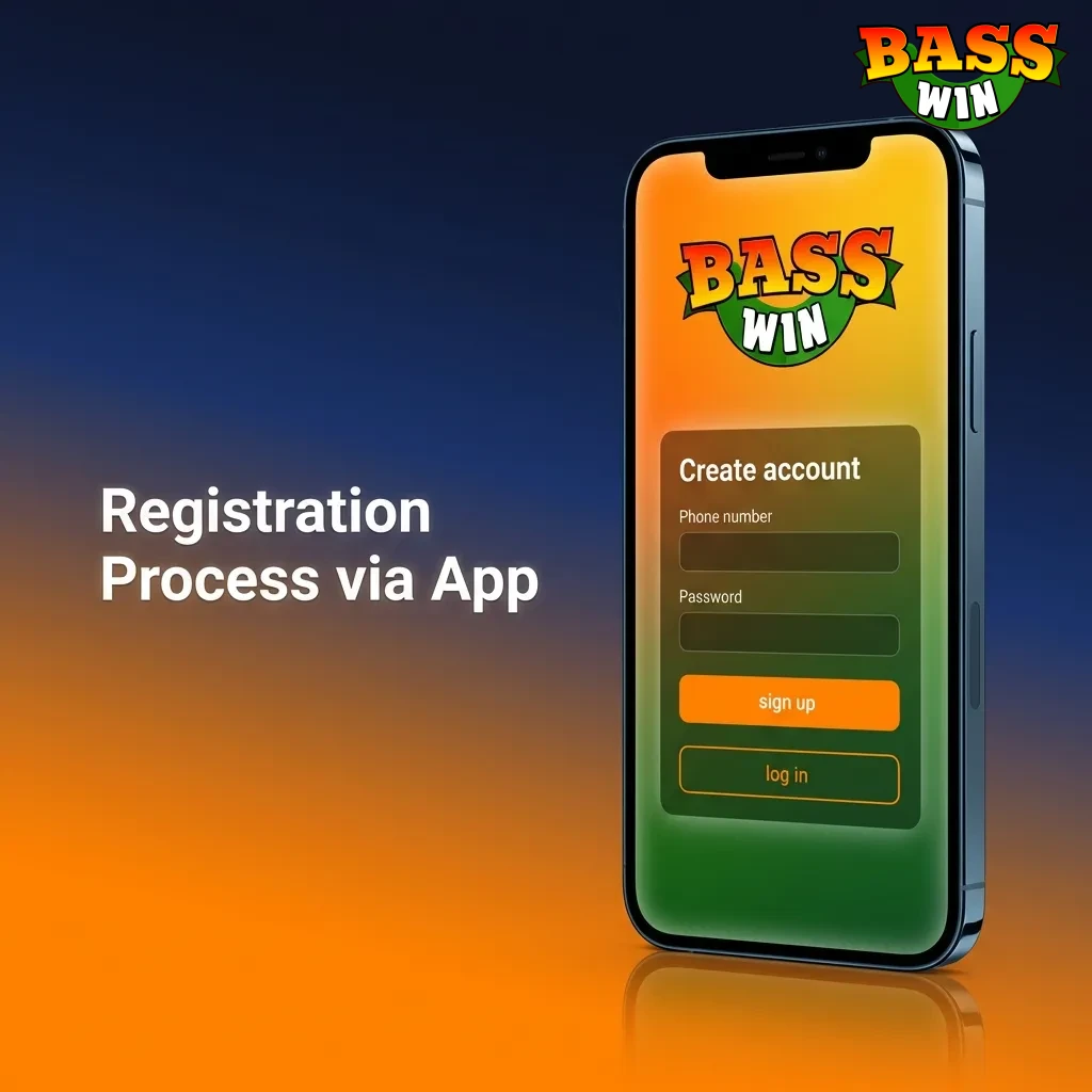 Bass Win app registration screen showing sign-up form with email, password, and personal details fields