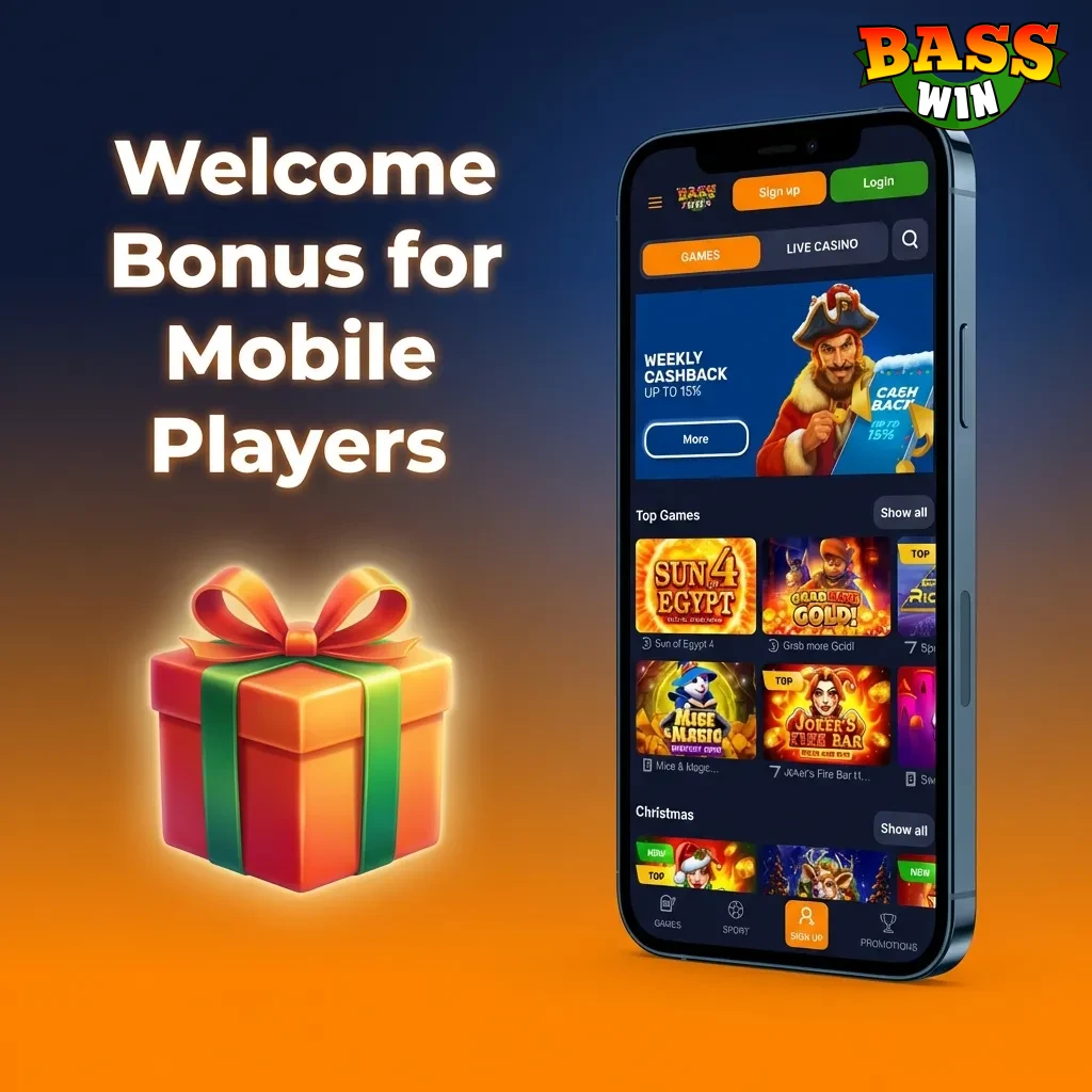 Mobile phone displaying Bass Win app welcome bonus tiers with deposit matches and free spins for new players