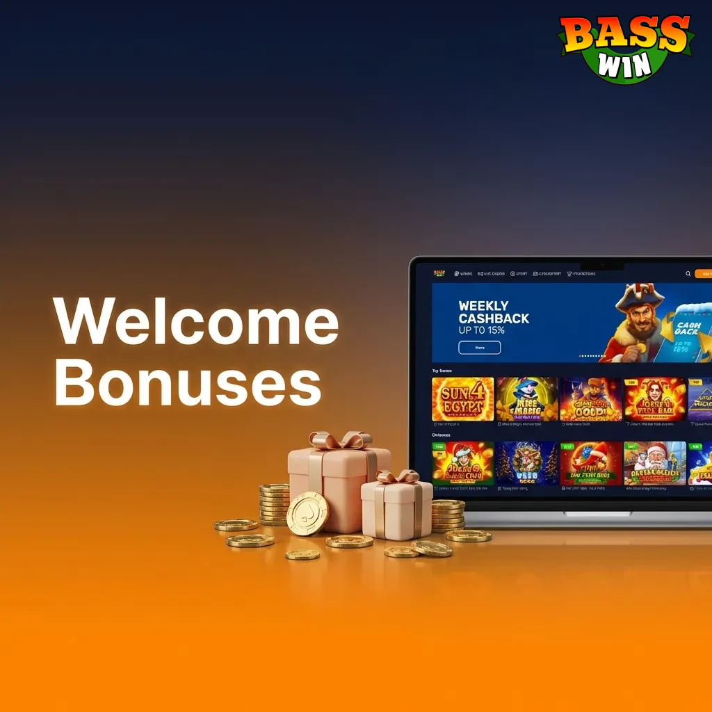 Bass Win welcome bonus comparison table showing three deposit match options with free spins and wagering requirements