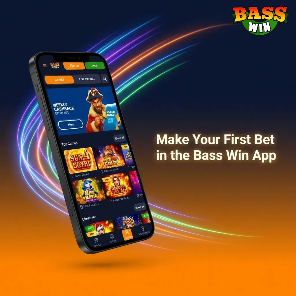 Bass Win app interface showing sports betting menu, odds selection, and bet slip with stake entry and confirmation button.