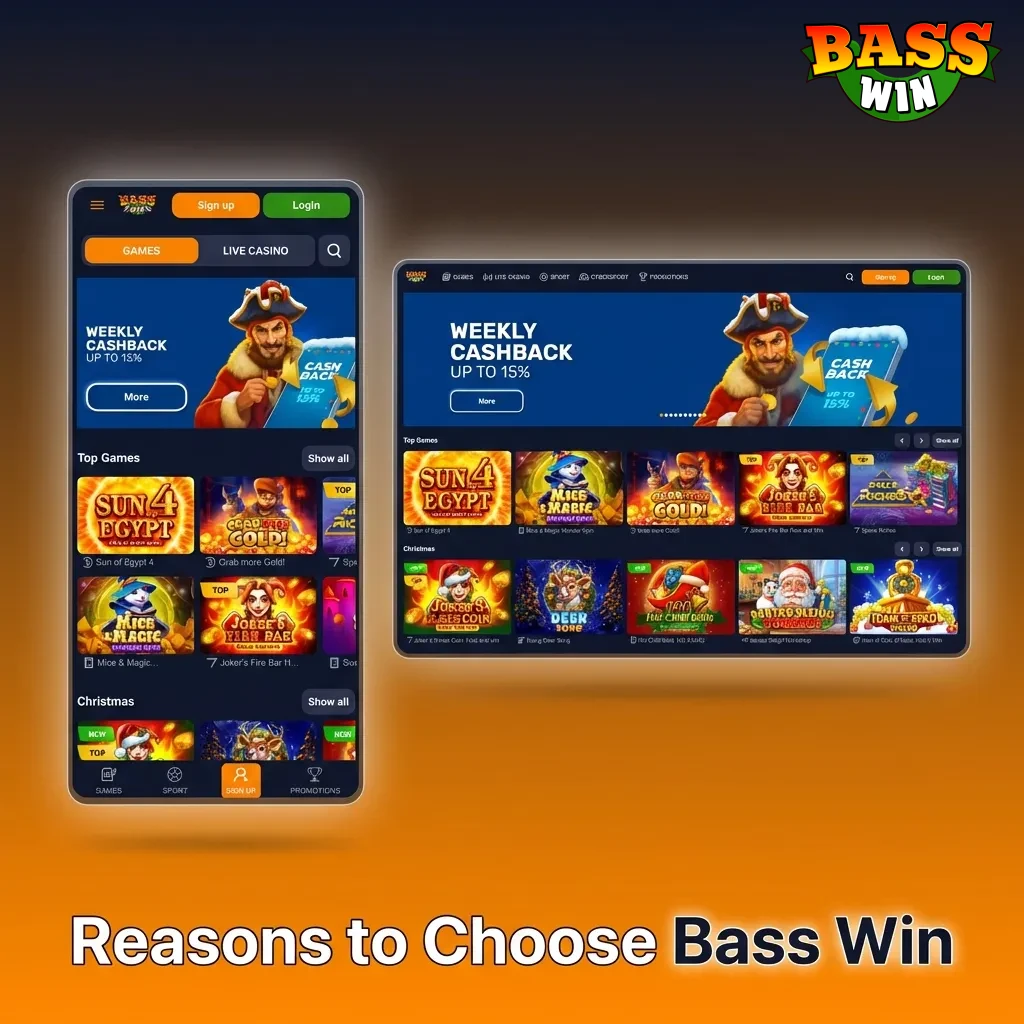 Bass Win online casino and esports betting platform featuring crypto withdrawals, live dealers, and mobile apps