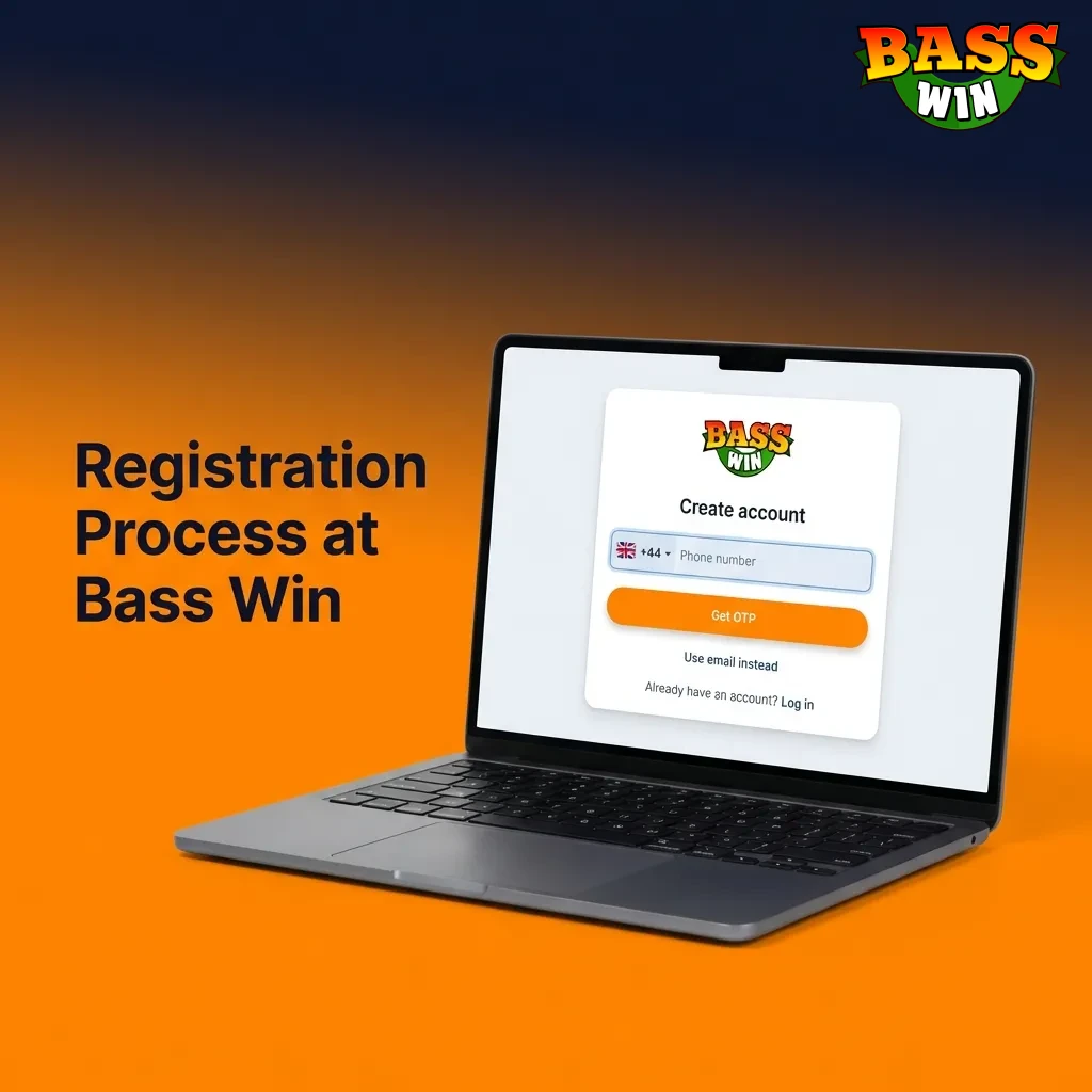 Bass Win registration form showing step-by-step account creation process with email verification and profile completion.