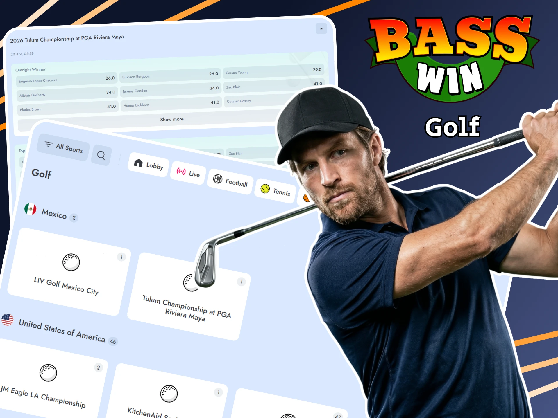 Find golf in the sports section and place your first bet at Basswin.