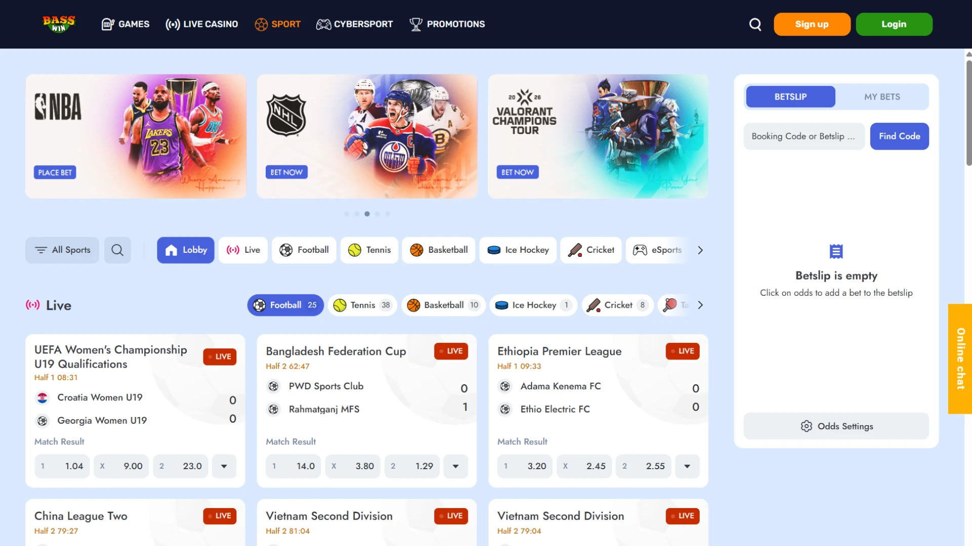 Start placing sports bets on the official Basswin website.