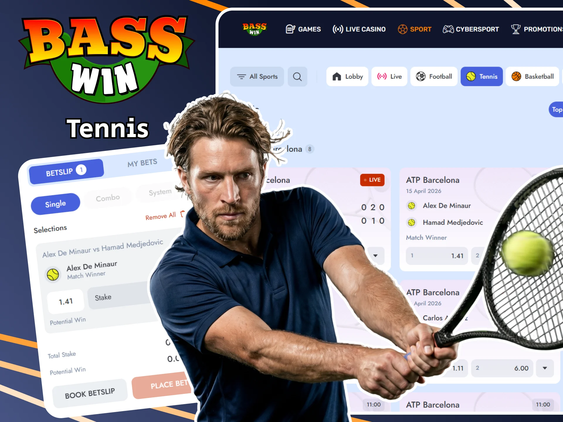 Select a tennis match to place a bet at Basswin.